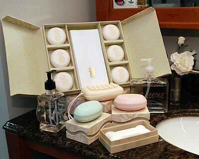 personalized scented and engraved guest soaps, candles liquid soaps and linen like towels add the perfect touch of luxury to your guest bathroom